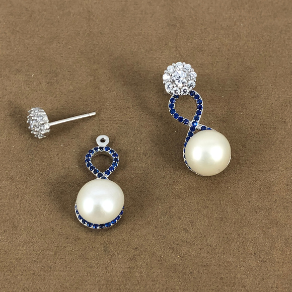 8MM Pearl & Blue Sapphires Ear Jackets 6MM Studs
